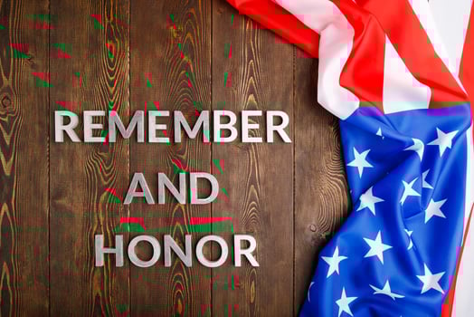 words remember and honor laid with silver metal letters on wooden background with USA flag on the right side photo