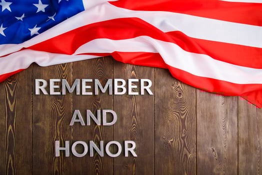 words remember and honor laid with silver metal letters on wooden background with USA flag above photo