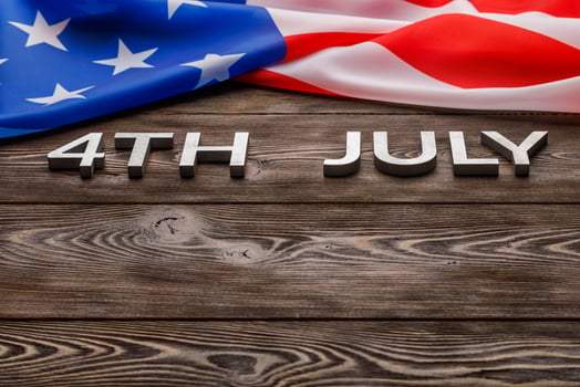 words 4th july and crumpled usa flag on flat textured wooden surface background photo
