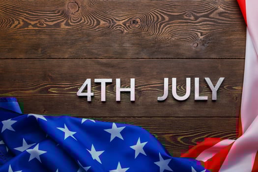 the words 4th july and crumpled usa flag on flat textured wooden surface background photo