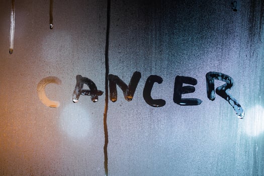the word cancer written by finger on night wet glass with blurred sttreet light in background photo
