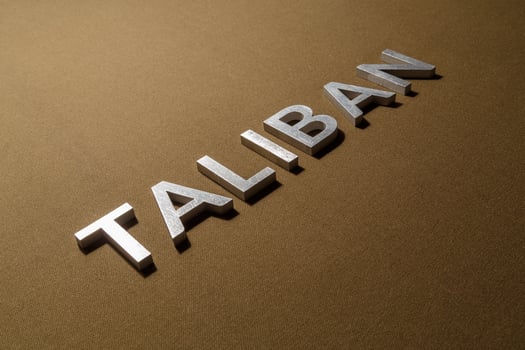 the word taliban laid with silver metal letters on rough tan khaki canvas fabric photo