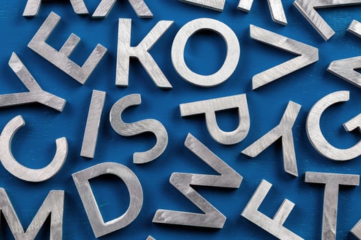Abstract flat background of silver metal english alphabet characters on classic blue background. photo