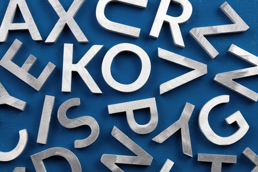 Abstract flat background of silver metal english alphabet characters on classic blue background. photo