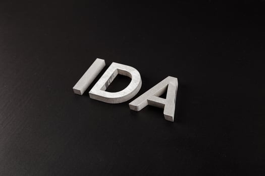 the word ida laid with silver metal letters over dry black matte surface photo