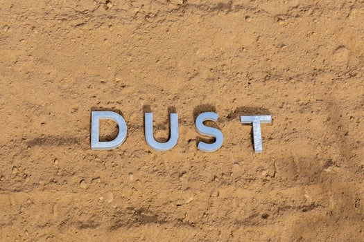 the word dust on dusty road surface in flat lay perspective photo