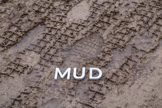the word mud laid with silver metal letters on wet dirt surface photo
