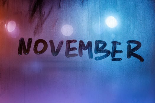 the word november handwritten on night wet window glass surface photo