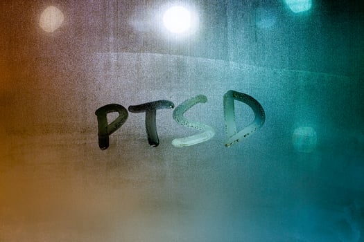 an abbreviation PTSD - post traumatic stress disorder - handwritten on wet glass of night window photo