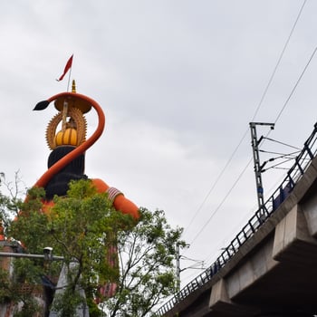 Big statue of Lord Hanuman near the delhi metro bridge situated near Karol Bagh, Delhi, India, Lord Hanuman big statue touching sky photo