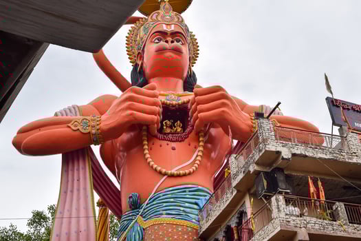 Big statue of Lord Hanuman near the delhi metro bridge situated near Karol Bagh, Delhi, India, Lord Hanuman big statue touching sky photo
