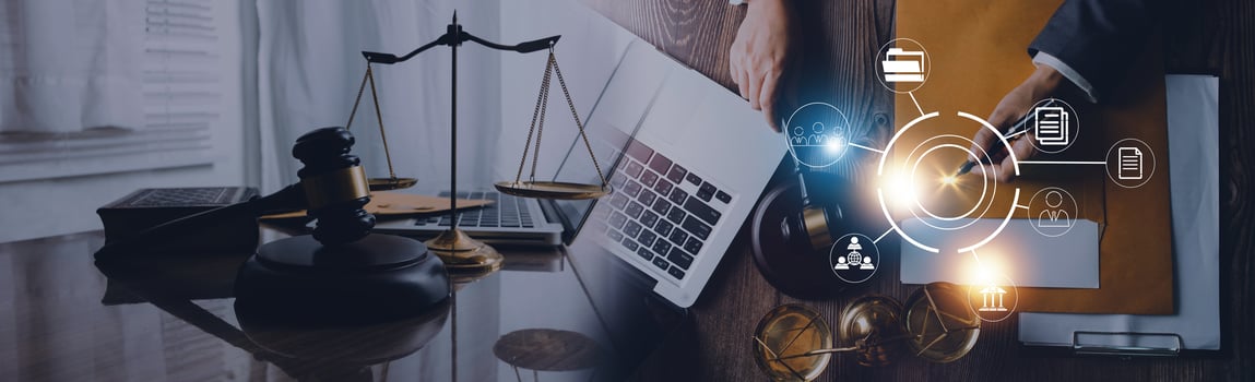 Business and lawyers discussing contract papers with brass scale on desk in office. Law, legal services, advice, justice and law concept picture with film grain effect photo
