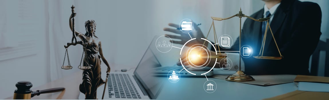 Business and lawyers discussing contract papers with brass scale on desk in office. Law, legal services, advice, justice and law concept picture with film grain effect photo