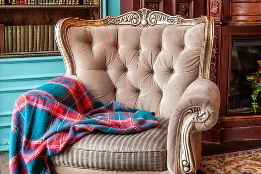 Luxury classic interior of home library. Sitting room with bookshelf, books, arm chair, sofa and fireplace. Clean and modern decoration with elegant furniture. Education read study wisdom concept. photo