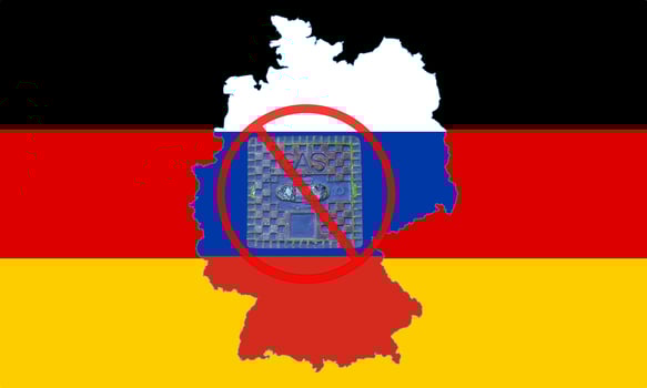 Outline map of Germany with the image of the national flag. Manhole cover of the gas pipeline system on the flag of Russia inside the map. Collage. Energy crisis. photo