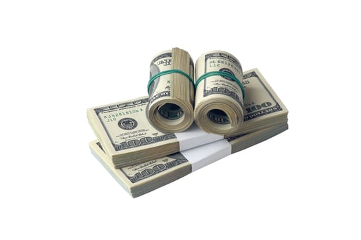 Bundle of US dollar bills isolated on white. Pack of american money with high resolution on perfect white background photo