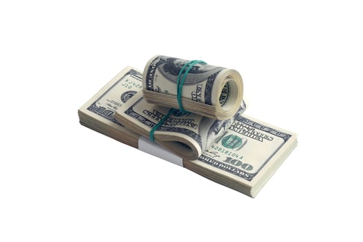 Bundle of US dollar bills isolated on white. Pack of american money with high resolution on perfect white background photo