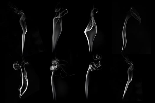 Multi style of white smoke pack shot in studio, white smoke from incense and black background, wave and splash shape for design, object and background concept photo