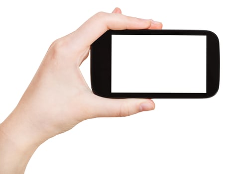 hand holding smart phone isolated on white photo