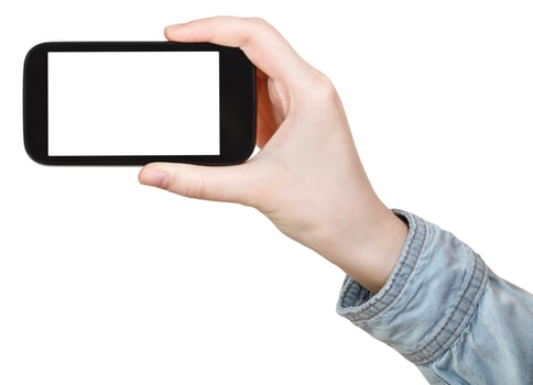 hand in shirt holding touchscreen phone isolated photo