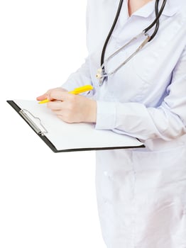 nurse writes in clipboard isolated on white photo