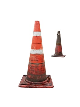 traffic cone, old white and orange pole isolated on a white background photo