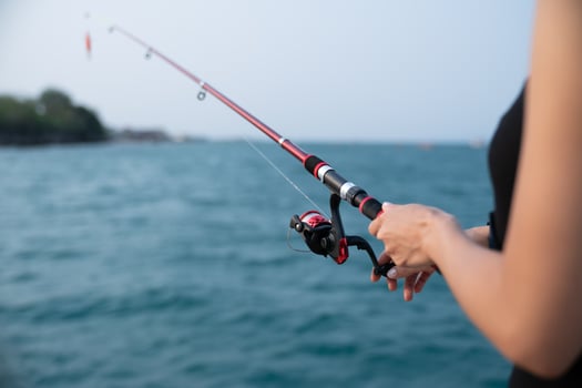 Woman hand holding fishing rod with sea background, fishing at sunset. photo