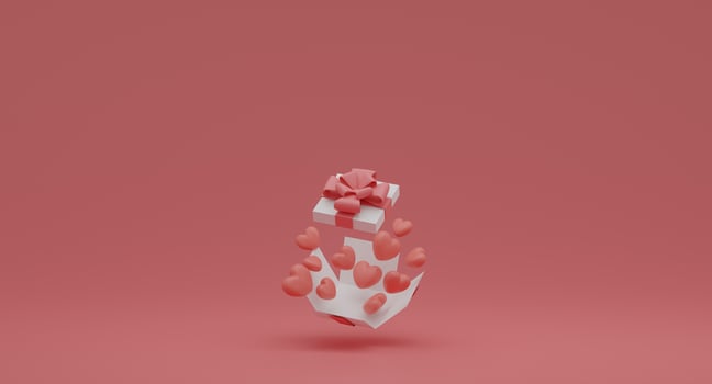 Valentine's Day concept, pink and white hearts balloons in gift box on pink background. 3D rendering. photo