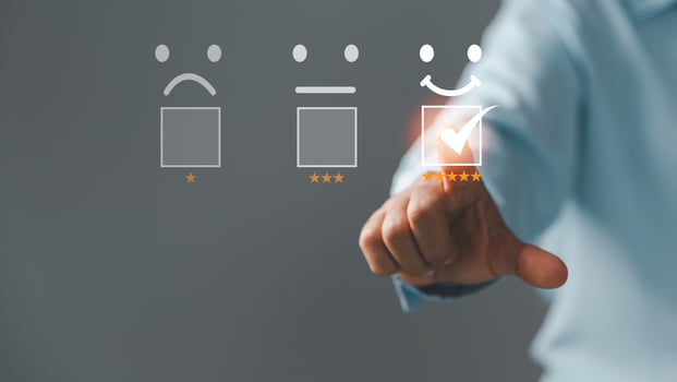 Customer service and Satisfaction concept, Five star consumer feedback. Business people are touching virtual screen on happy Smiley face icon to give satisfaction in service. rating very impressed. photo