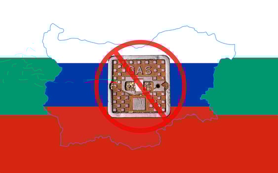 Outline map of Bulgaria with the image of the national flag. Manhole cover of the gas pipeline system on the flag of Russia inside the map. Collage. Energy crisis. photo