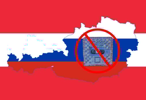 Outline map of Austria with the image of the national flag. Manhole cover of the gas pipeline system on the flag of Russia inside the map. Collage. Energy crisis. photo