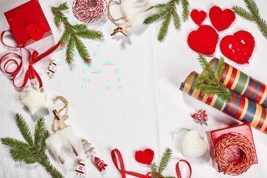 Christmas background with gift boxes and Christmas ornament. photo