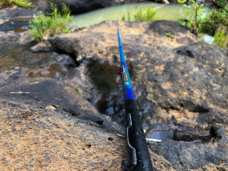 small blue and black fishing rod on a rock ready for fishing photo
