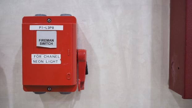 Fireman switch or Fire alarm  or bell warning equipment.In the building for safety. photo