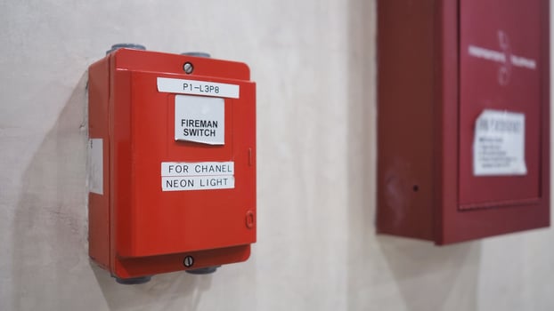 Fireman switch or Fire alarm  or bell warning equipment.In the building for safety. photo