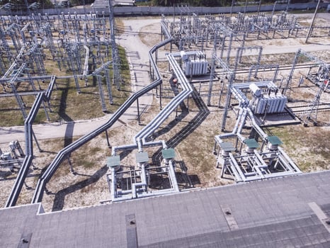 Aerial view of electric high voltage substation. photo