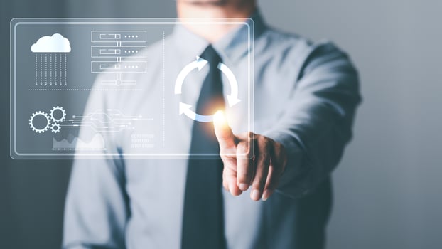 Man pushing software update button, technology information update and upgrade concept, online program installation, maintenance and process change, new interface refresh website. photo