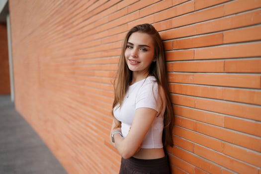 Portrait of blonde girl with fluttering hair photo