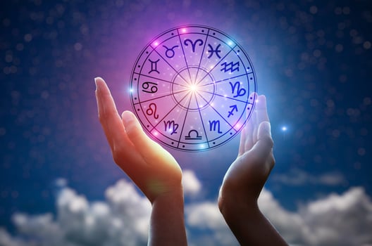 Zodiac signs inside of horoscope circle. Astrology in the sky with many stars and moons  astrology and horoscopes concept photo