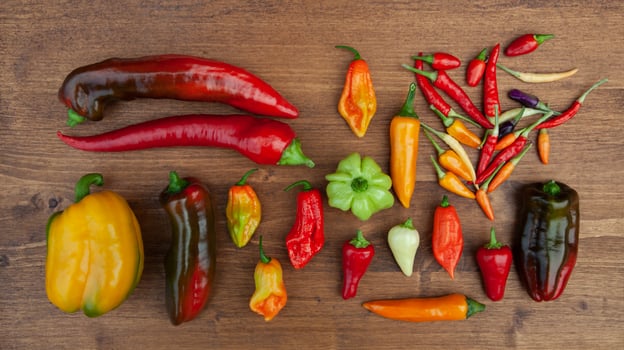 wooden background with red, yellow and orange hot and sweet peppers of various shapes and size photo