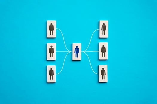 Leader manages his team. Leadership skills, staff control. Allocation of responsibilities and communication with employees. Subordination. Exchange of experience information. Decision making center. photo