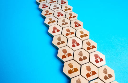 Rows of employees. Monolithic company structure. Personnel, staffing. Hiring new employees, recruiting staff. Unity. Team discipline, teamwork cooperation. Training and education, corporate culture. photo