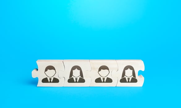 Connected puzzles with people. Effective business employees group collectives. Personnel leadership. Building a team with strong connections. The process of delegating tasks and responsibilities. photo