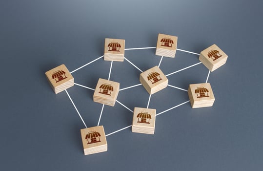 Blocks of networked commercial stores or shops. Franchising concept. Business franchise empire. Area coverage availability system. Logistics and supply. Commercial association. Retail network. photo