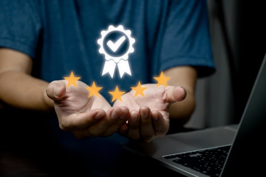 Businessman holding and showing the best Quality assurance service guaranteed, business success work efficiency top 5 stars concept. photo