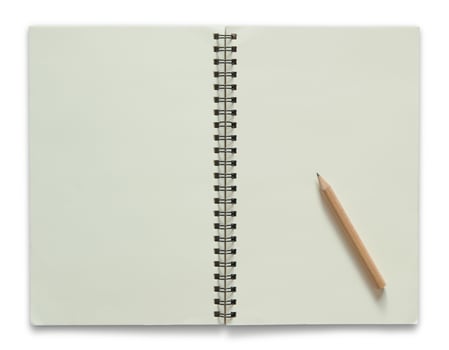 blank spiral notebook and pencil isolated on white background photo
