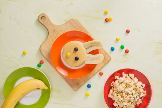 Funny bunny pancakes with fruits for Easter kids breakfast photo