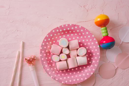 Birthday party background with party hats and birthday gifts photo