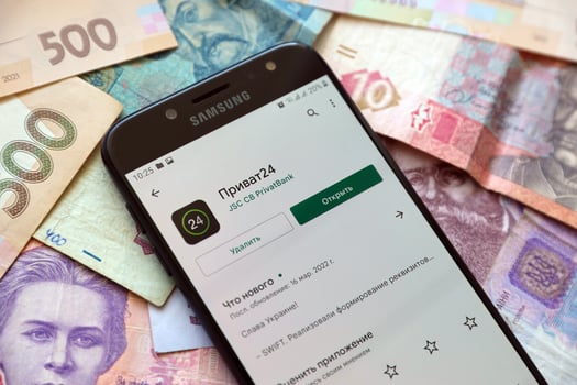 TERNOPIL, UKRAINE - APRIL 24, 2022 Privatbank banking app on smartphone screen. Privatbank is important commercial bank in Ukraine photo