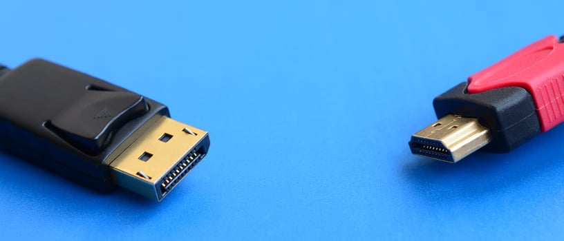 Audio video HDMI computer cable plug and 20-pin male DisplayPort gold plated connector for a flawless connection on a blue background photo